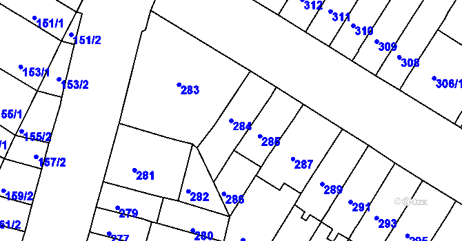Parcela st. 284 v KÚ Husovice, Katastrální mapa