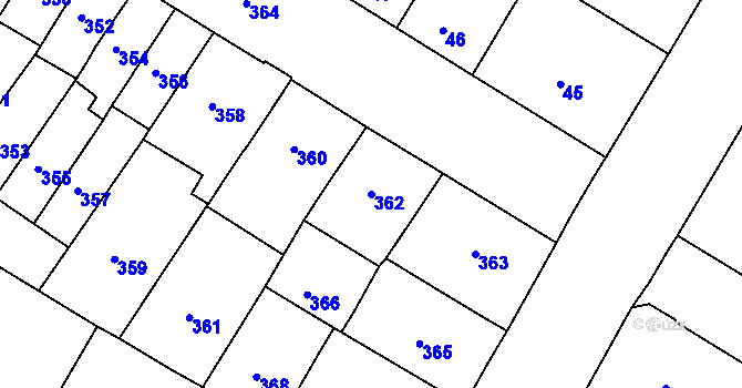 Parcela st. 362 v KÚ Husovice, Katastrální mapa