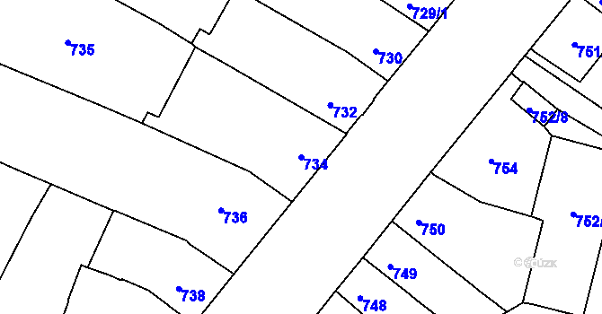 Parcela st. 734 v KÚ Husovice, Katastrální mapa
