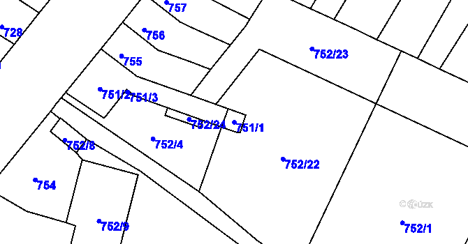Parcela st. 751/1 v KÚ Husovice, Katastrální mapa