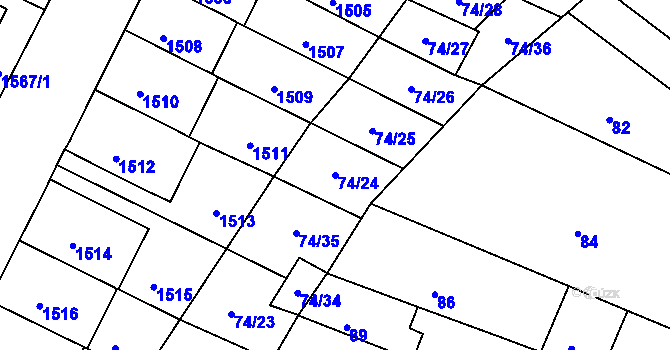 Parcela st. 74/24 v KÚ Husovice, Katastrální mapa