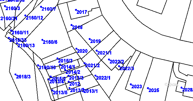 Parcela st. 2021/1 v KÚ Husovice, Katastrální mapa