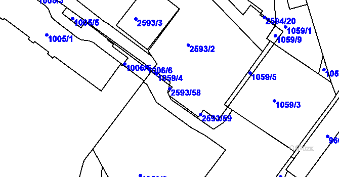 Parcela st. 2593/58 v KÚ Husovice, Katastrální mapa