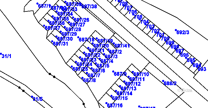 Parcela st. 687/3 v KÚ Lesná, Katastrální mapa