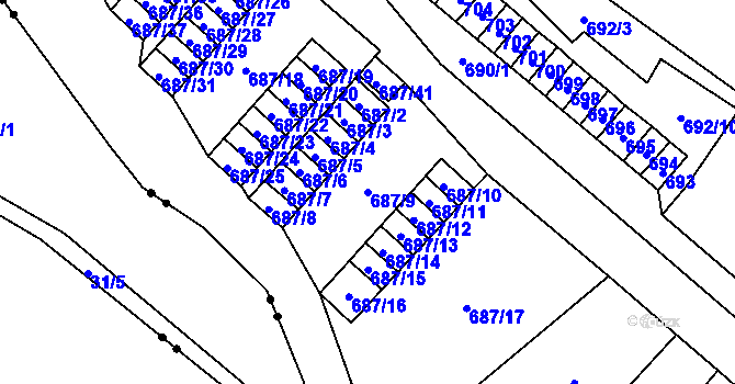 Parcela st. 687/9 v KÚ Lesná, Katastrální mapa