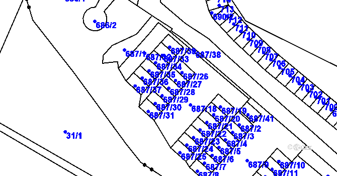 Parcela st. 687/28 v KÚ Lesná, Katastrální mapa