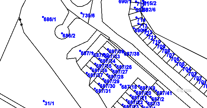 Parcela st. 687/33 v KÚ Lesná, Katastrální mapa
