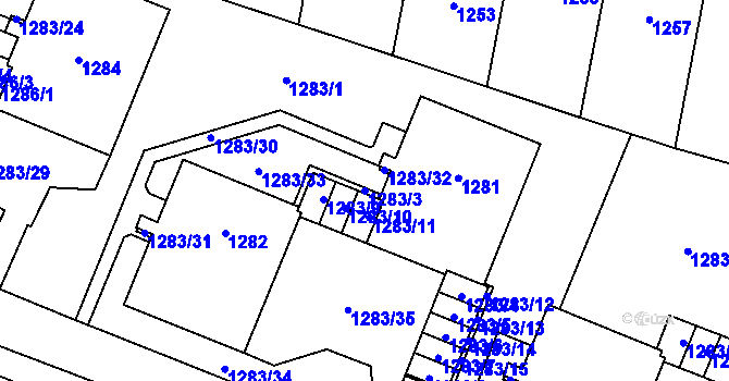 Parcela st. 1283/3 v KÚ Lesná, Katastrální mapa