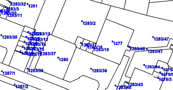 Parcela st. 1283/18 v KÚ Lesná, Katastrální mapa