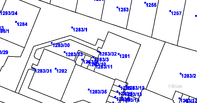 Parcela st. 1283/32 v KÚ Lesná, Katastrální mapa