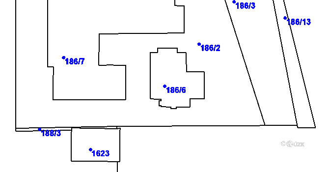 Parcela st. 186/6 v KÚ Komárov, Katastrální mapa