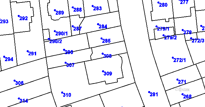 Parcela st. 308 v KÚ Komárov, Katastrální mapa