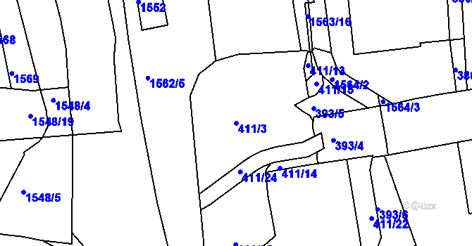 Parcela st. 411/3 v KÚ Komárov, Katastrální mapa