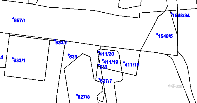 Parcela st. 411/20 v KÚ Komárov, Katastrální mapa