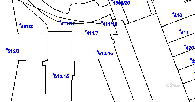 Parcela st. 612/16 v KÚ Komárov, Katastrální mapa