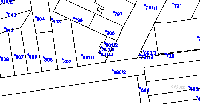 Parcela st. 801/3 v KÚ Komárov, Katastrální mapa