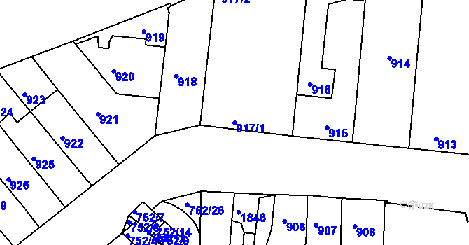 Parcela st. 917/1 v KÚ Komárov, Katastrální mapa
