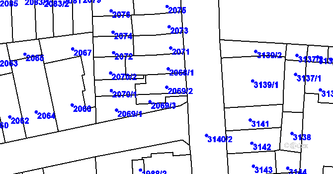 Parcela st. 2069/2 v KÚ Židenice, Katastrální mapa