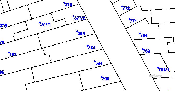 Parcela st. 385 v KÚ Černovice, Katastrální mapa