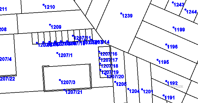 Parcela st. 1207/16 v KÚ Černovice, Katastrální mapa