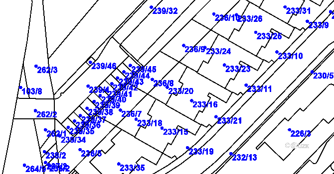 Parcela st. 233/20 v KÚ Sadová, Katastrální mapa