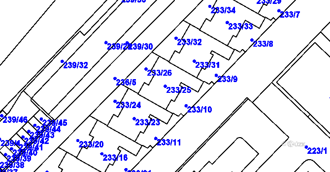 Parcela st. 233/25 v KÚ Sadová, Katastrální mapa