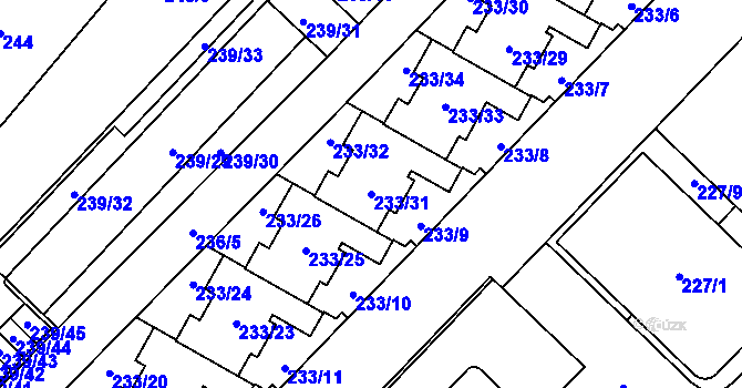 Parcela st. 233/31 v KÚ Sadová, Katastrální mapa