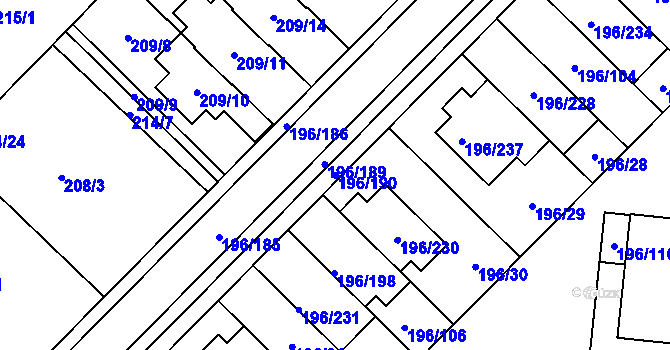 Parcela st. 196/190 v KÚ Sadová, Katastrální mapa