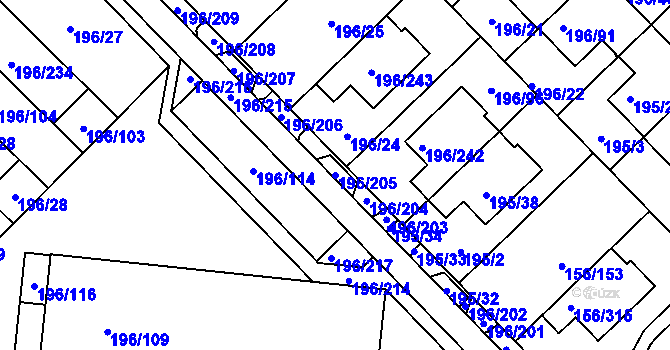 Parcela st. 196/205 v KÚ Sadová, Katastrální mapa
