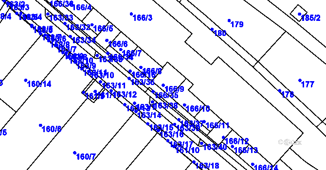 Parcela st. 166/9 v KÚ Sadová, Katastrální mapa