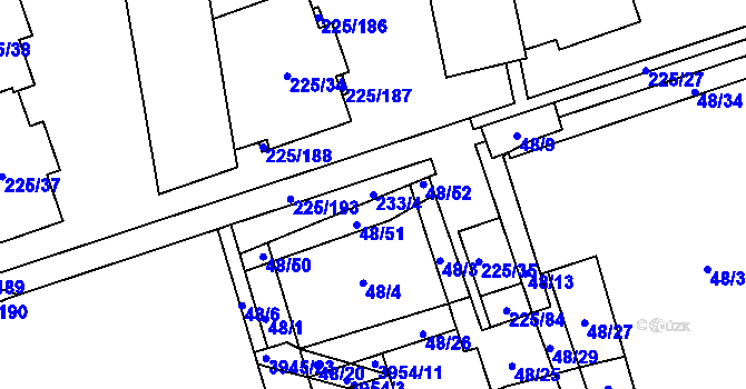 Parcela st. 233/4 v KÚ Řečkovice, Katastrální mapa