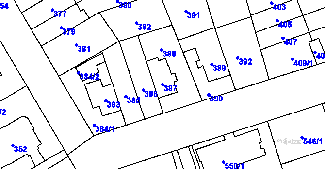 Parcela st. 387 v KÚ Řečkovice, Katastrální mapa