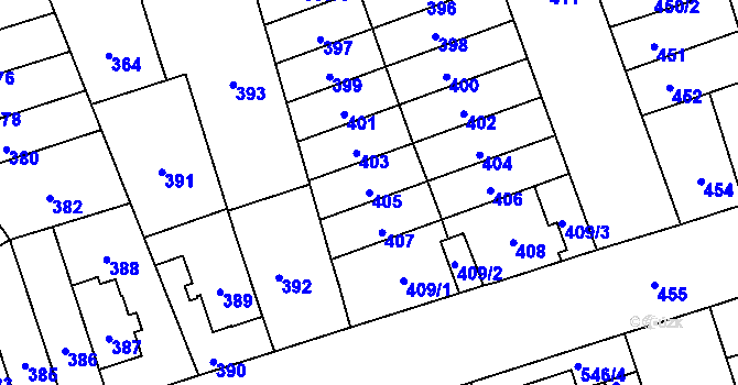 Parcela st. 405 v KÚ Řečkovice, Katastrální mapa