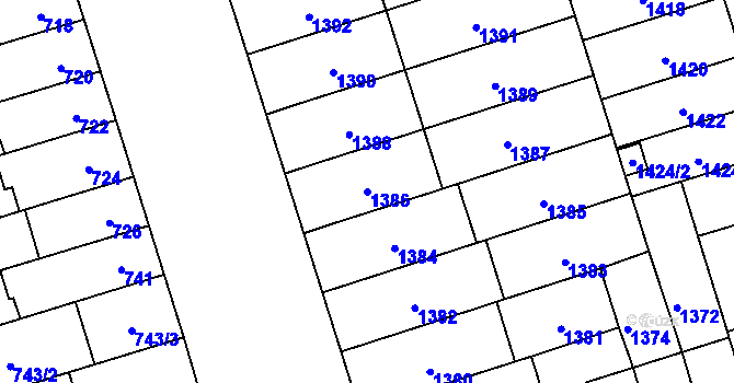 Parcela st. 1386 v KÚ Řečkovice, Katastrální mapa