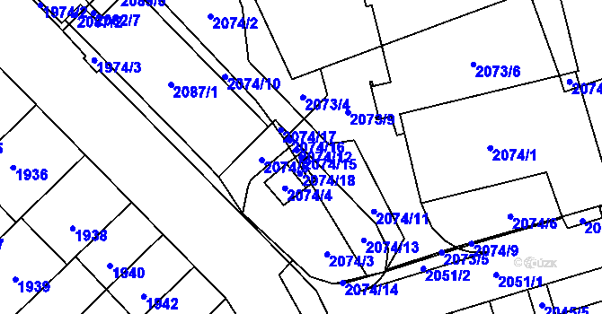 Parcela st. 2074/15 v KÚ Řečkovice, Katastrální mapa