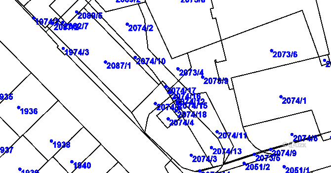 Parcela st. 2074/17 v KÚ Řečkovice, Katastrální mapa
