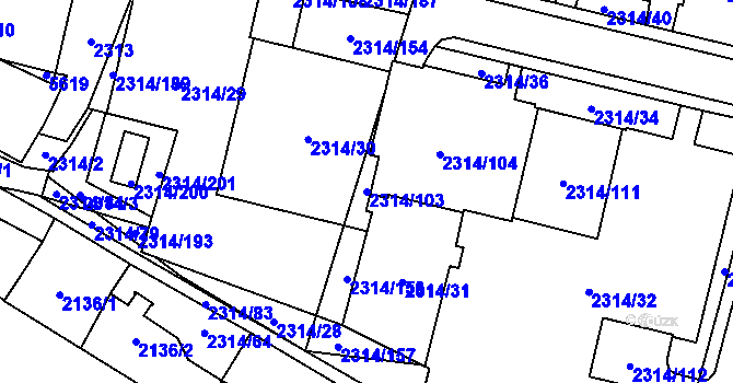 Parcela st. 2314/103 v KÚ Řečkovice, Katastrální mapa