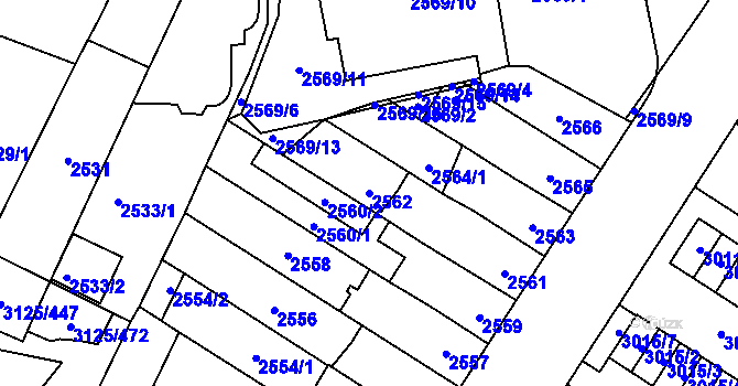 Parcela st. 2562 v KÚ Řečkovice, Katastrální mapa