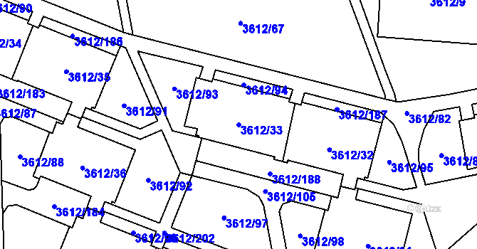 Parcela st. 3612/33 v KÚ Řečkovice, Katastrální mapa