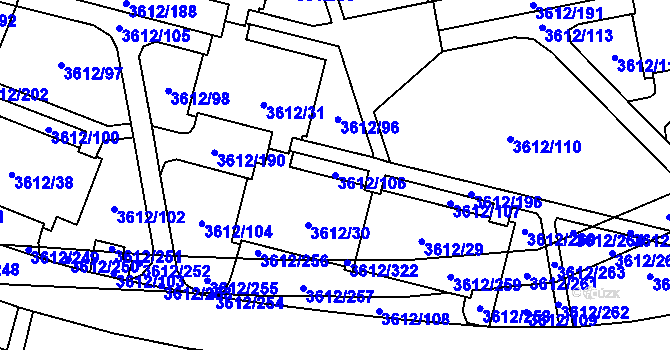 Parcela st. 3612/106 v KÚ Řečkovice, Katastrální mapa