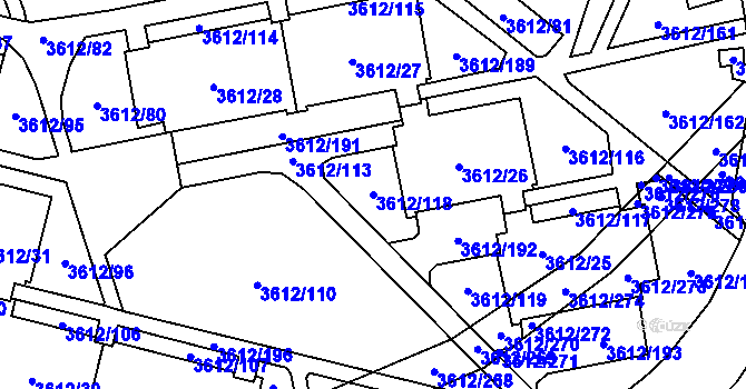 Parcela st. 3612/118 v KÚ Řečkovice, Katastrální mapa