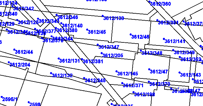 Parcela st. 3612/205 v KÚ Řečkovice, Katastrální mapa