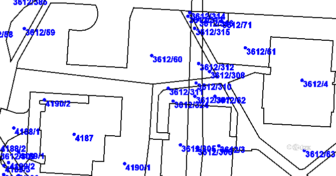 Parcela st. 3612/311 v KÚ Řečkovice, Katastrální mapa