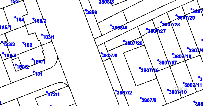 Parcela st. 3807/8 v KÚ Řečkovice, Katastrální mapa