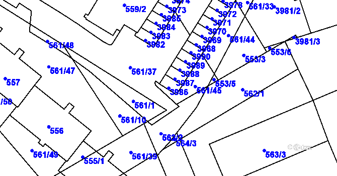 Parcela st. 3986 v KÚ Řečkovice, Katastrální mapa