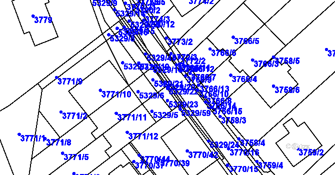 Parcela st. 5329/22 v KÚ Řečkovice, Katastrální mapa