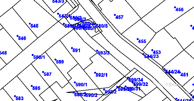 Parcela st. 593/2 v KÚ Mokrá Hora, Katastrální mapa