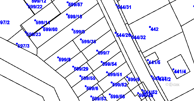Parcela st. 599/7 v KÚ Mokrá Hora, Katastrální mapa