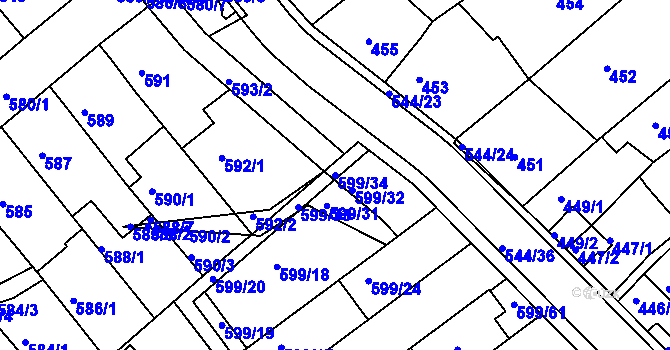 Parcela st. 599/34 v KÚ Mokrá Hora, Katastrální mapa