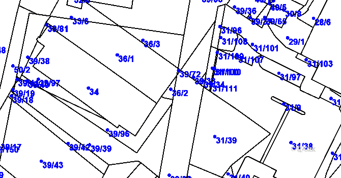Parcela st. 36/2 v KÚ Bystrc, Katastrální mapa